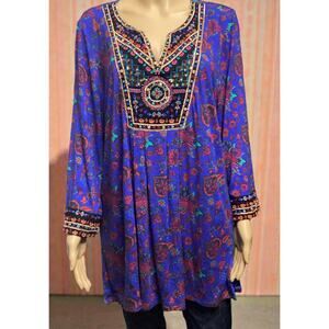 Soft Surroundings Tamuri Tunic blue floral print beading embroidery sz L